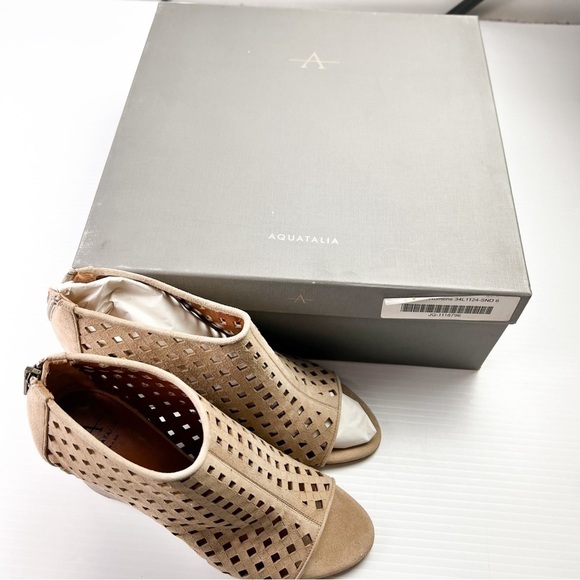 Aquatalia Sandals women 6 Nikita Tan Open Toe Suede Wedge Booties - Picture 2 of 13